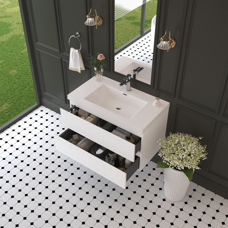 36" Floating Bathroom Vanity With Sink, Glossy White, 35"