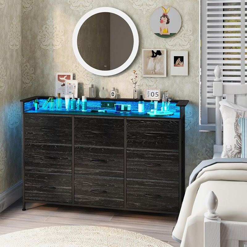 Black Dresser With Charging Station 9 Drawers Dresser With LED Light And USB Ports Fabric Dressers For Bedroom Hallway Entryway Closets Sturdy Steel Frame Wood Top