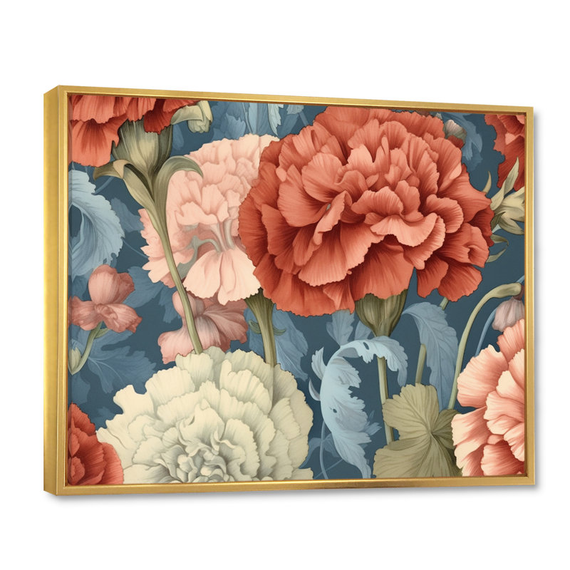 «Coral Blue Carnations Harmony I» sur toile, 34" H x 44" W, Cadre flottant doré