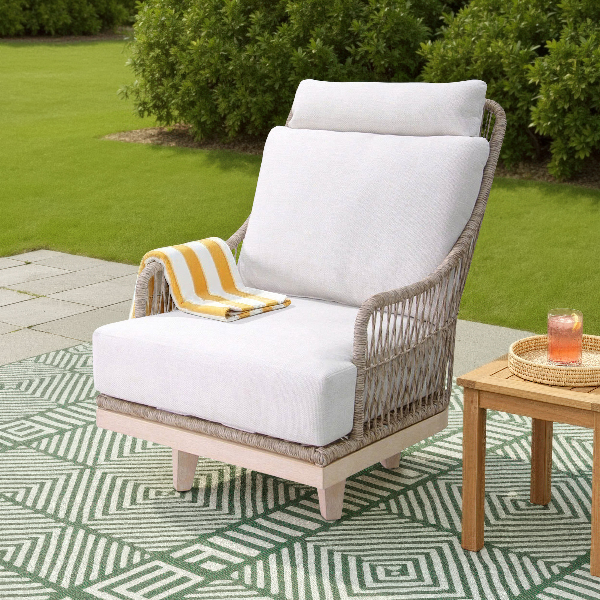 Posey Swivel Chair w Olefin Fabric, Cream Cushion / Brown/Natural Wood Frame