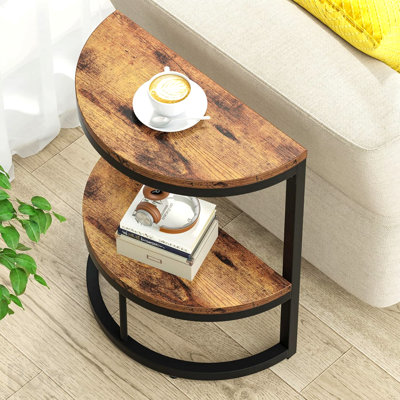 Table de bout demi-lune mince à 2 niveaux demi-cercle, table d'appoint en bois brun rustique 19,69 po avec tablette de rangement pour petits espaces, salon, chambre à coucher, assemblage facile
