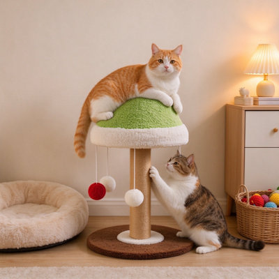 Poteau à griffes 22,44 po H, pin en sisal naturel avec boules de pompon suspendues interactives, petite tour de chat stable anti-basculement pour chatons et chats d'intérieur, perchoir moelleux
