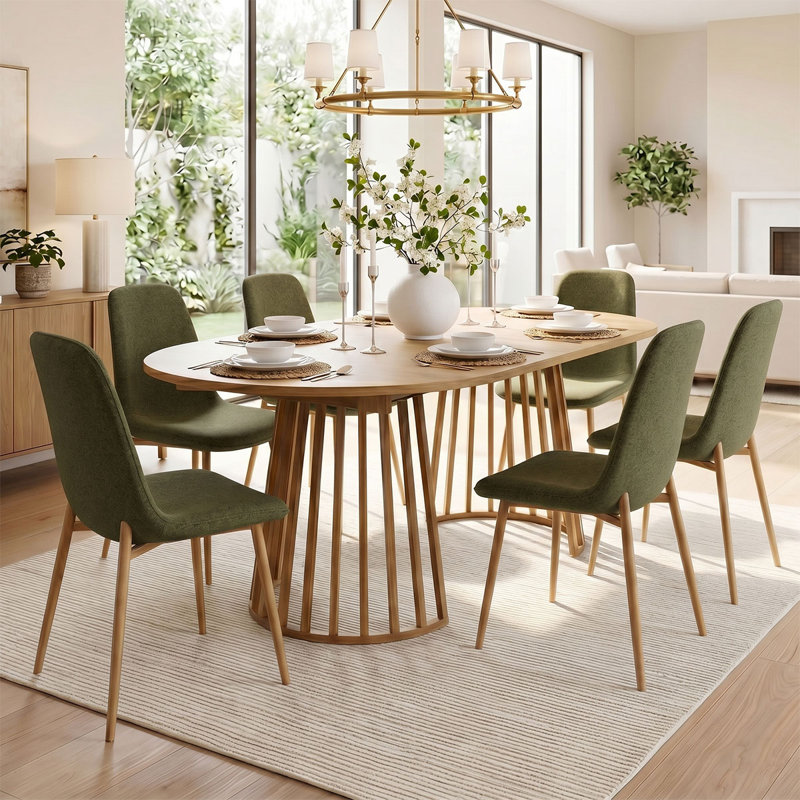 6- Person Dining Table Sets With Extendabe Oval Table & 6 Upholstered Dining Chairs, Green
