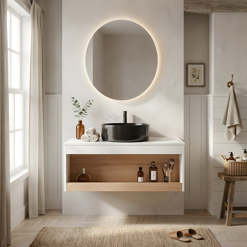 Meuble-lavabo mural 36 po avec lavabo en céramique et compartiments de rangement ouverts 36 po, 36, Noir lustré