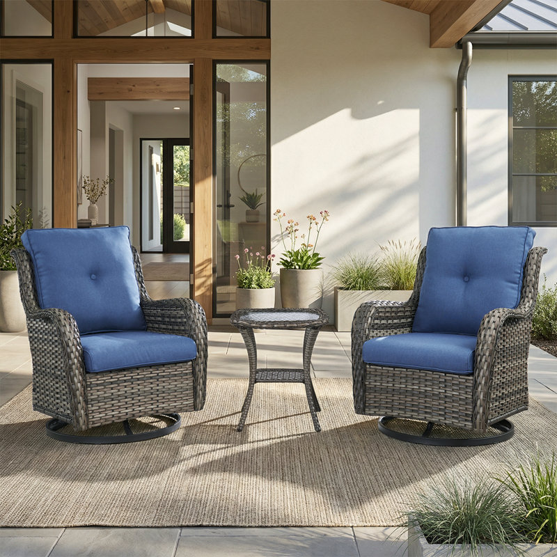 Chaises berçantes pivotantes pour l'extérieur, ensemble de patio en osier 3 pièces avec coussins épaissis, dossier haut, sièges profonds, accoudoirs larges, chaises pivotantes d'extérieur pour porche, terrasse