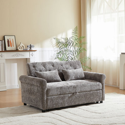 58.27" 3-In-1 Loveseat Sofa Bed - Chenille Fabric Pull-Out Couch Sleeper - Full KD Back Frame, Seat Frame, Armrests & 2 Pillows - Functional Sofa Bed For Living Room
