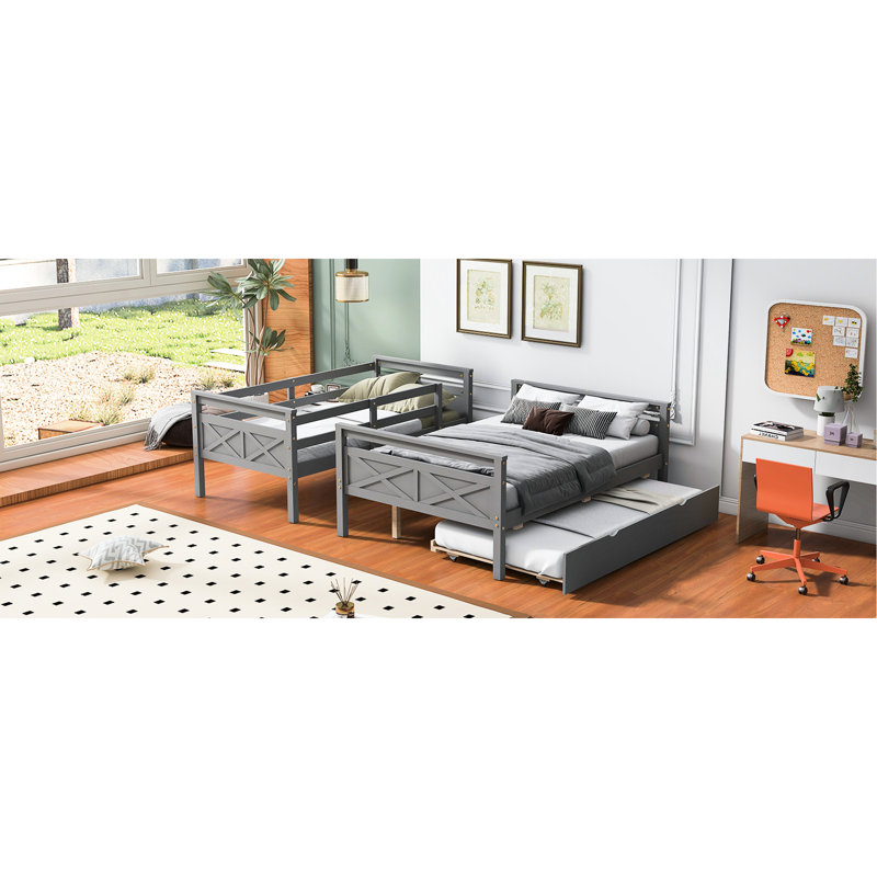 Lit simple superposé au-dessus d'un lit double gris avec structure fiable et lit gigogne utilisable, Gris