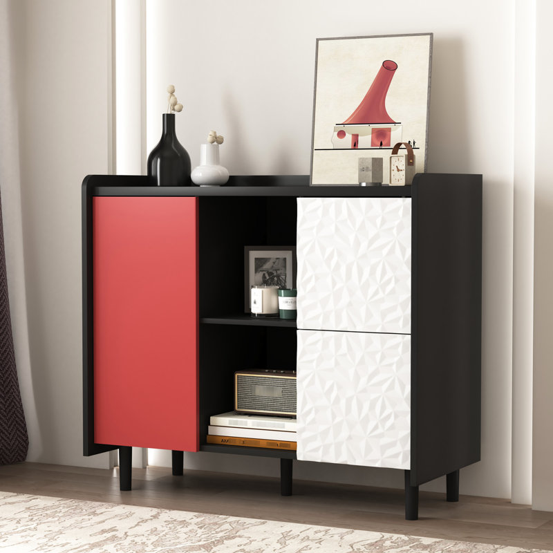 Buffet de rangement noir avec portes rouges et 2 tiroirs pour le vestibule moderne, Rouge / Noir