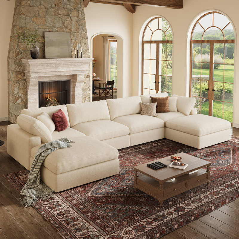 Abramson Beige U-shaped Chenille Modular Symmetrical Cloud Sofa, Beige Chenille, 36.2" H x 156" W x 78" D