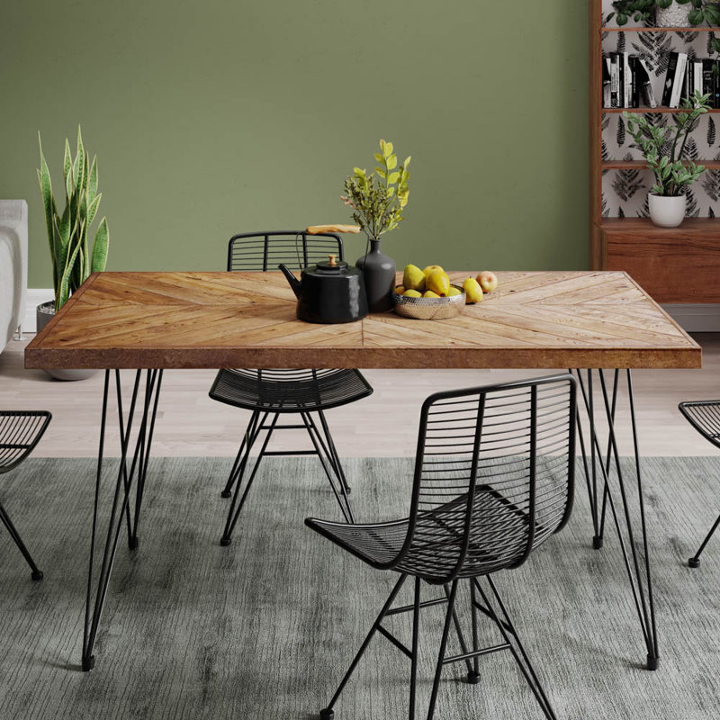 Hume Oak Solid Wood Top Metal Base Dining Table, Untreated Wood, H79 x L160 x W80cm