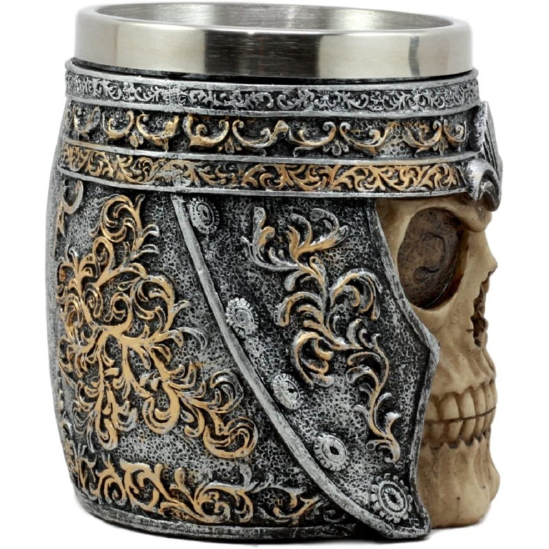 Bungalow Rose Royal Fleur De Lis Centurion Mort Conquérant Casque Crâne Tasse À Café 11 oz Bière Stein Tankard Médiévale Sculpturale Ossuaire Sculpture Macabre Figurine