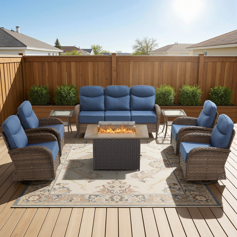 7 - Person Fire Pit Outdoor Wicker Conversation Furniture Set With 6" Cushions, 55,000 BTU Propane Table, Blue