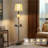 64" Farmhouse Floor Lamp With Tray, Nightlight, Beige Faux Silk Shade - For Living Room, Bedroom (Bulb Included)