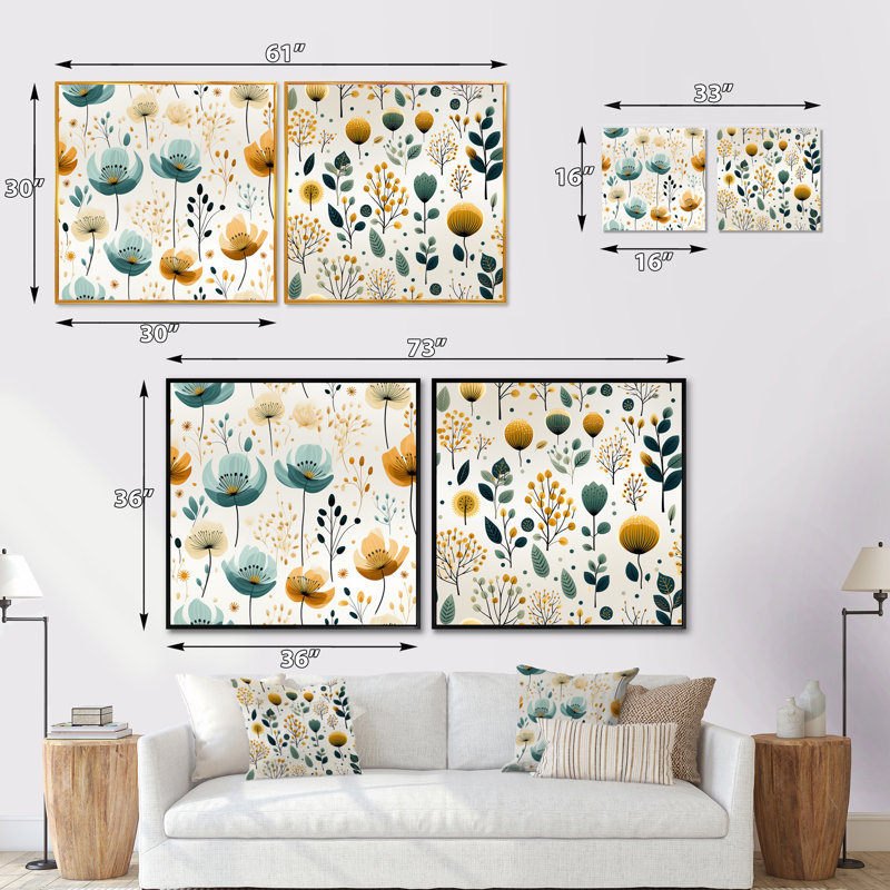 Ensemble de 2 collages carrés botaniques à motif floral minimaliste vert et jaune, Toile tendue, H 16 po x l 33 po