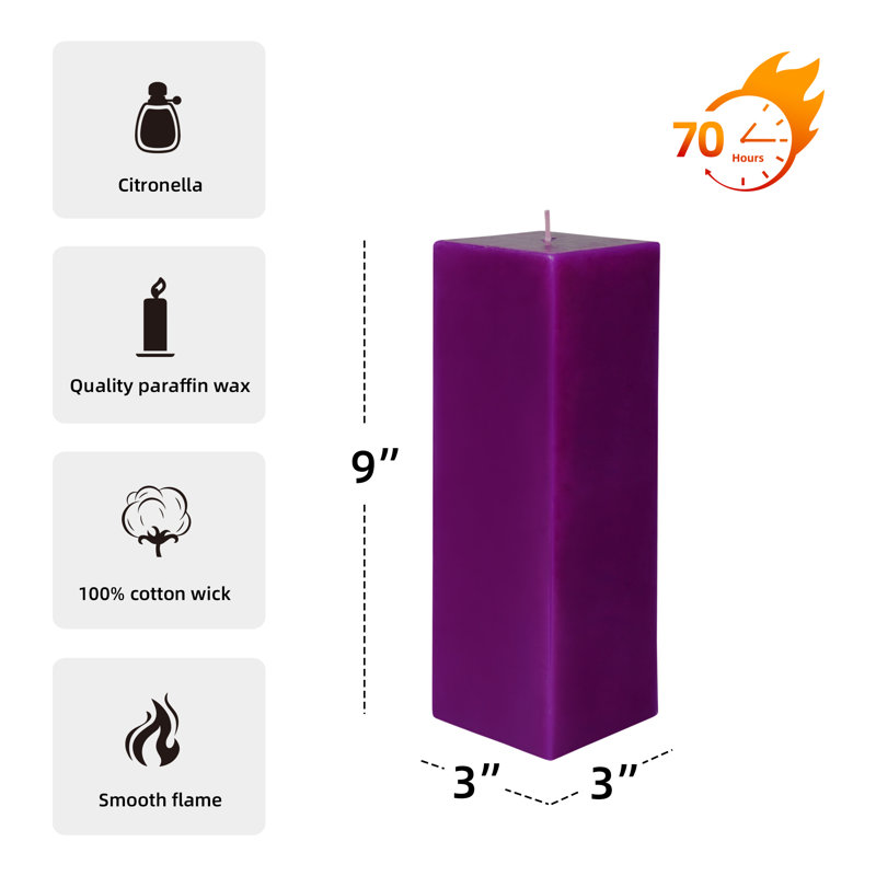 Bougie colonne, Mauve, H 9 po x l 3 po x P 3 po, Ensemble de 12
