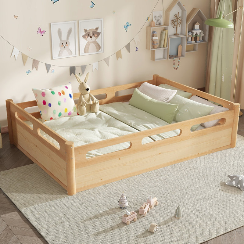 Lit plateforme double pleine grandeur avec garde-corps pleine longueur, Naturel, Lit double