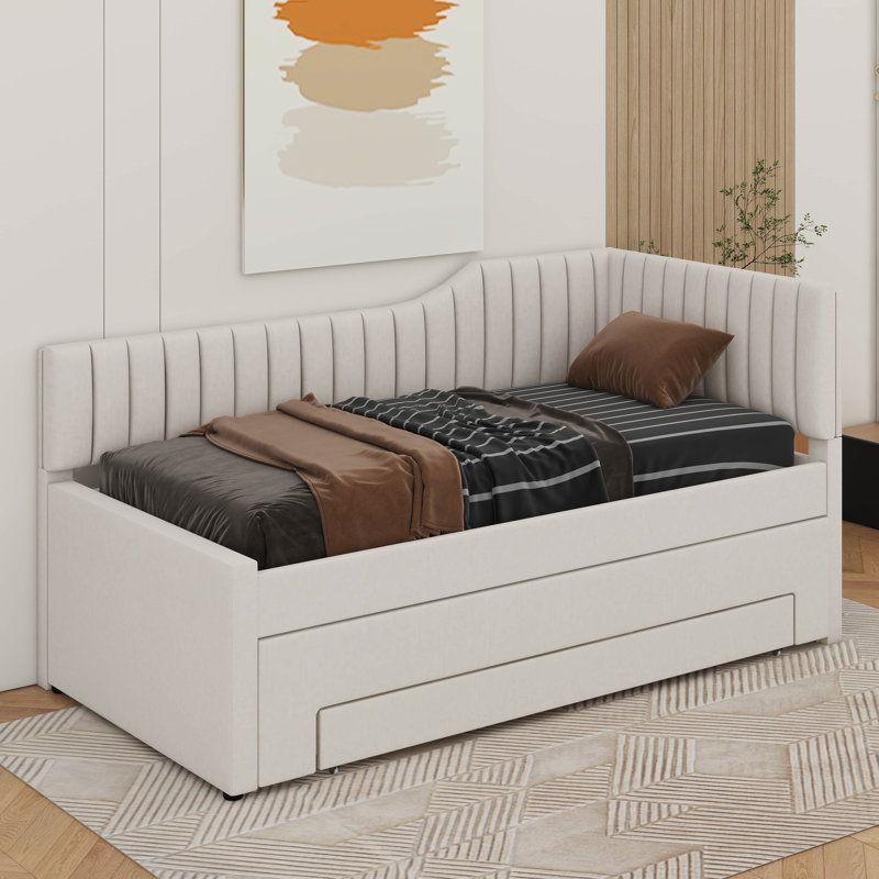 Upholstered Daybed With Trundle And Drawers, Beige, Twin