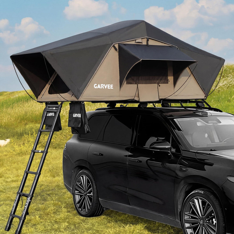 Tente de toit Soft Shell avec échelle télescopique et lumière DEL - imperméable 4 saisons pour camion, VUS, camionnette, remorque - pour 2-3 personnes