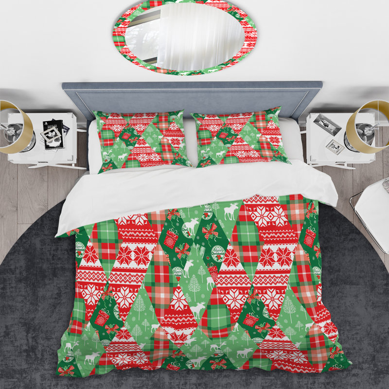 Patchwork vert et rouge - ensemble de housse de couette abstrait - microfibre de polyester