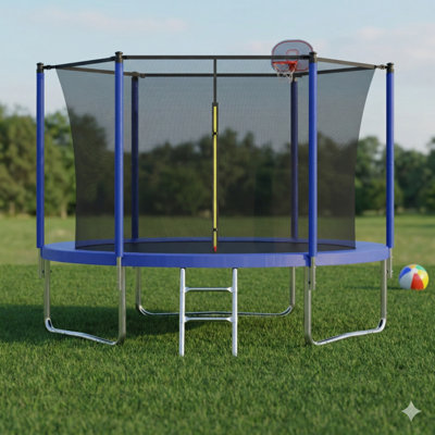 Trampoline pour enfants de 10 pieds avec panier et échelle de basketball, tapis de saut extérieur avec filet de protection, installation rapide pour le divertissement dans la cour, certifié ASTM.