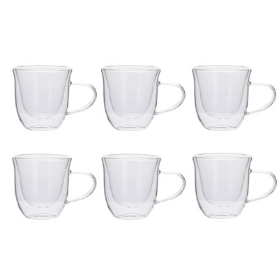 Lorren Home Trends Double Wall Glass Tea Cups, Clear Borosilicate Glass, 8 Oz Capacity, Set Of 6, With Handle, For Hot And Cold Beverages
