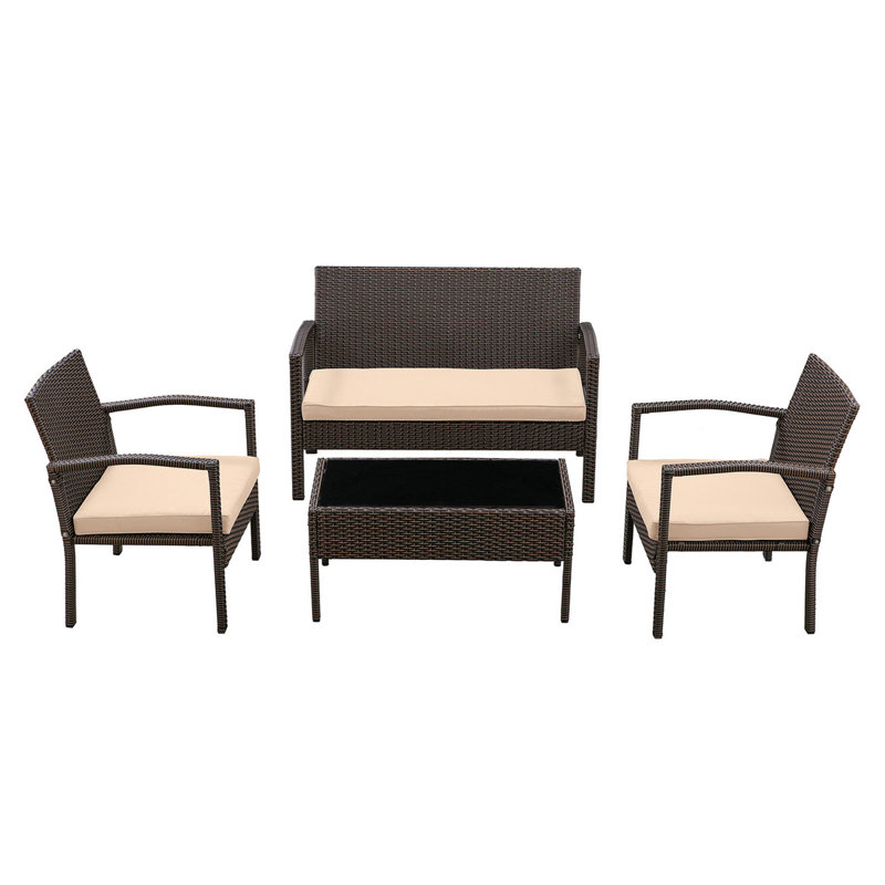 Ensemble de conversation 4 pièces avec canapé en rotin et coussins, Beige, Brun