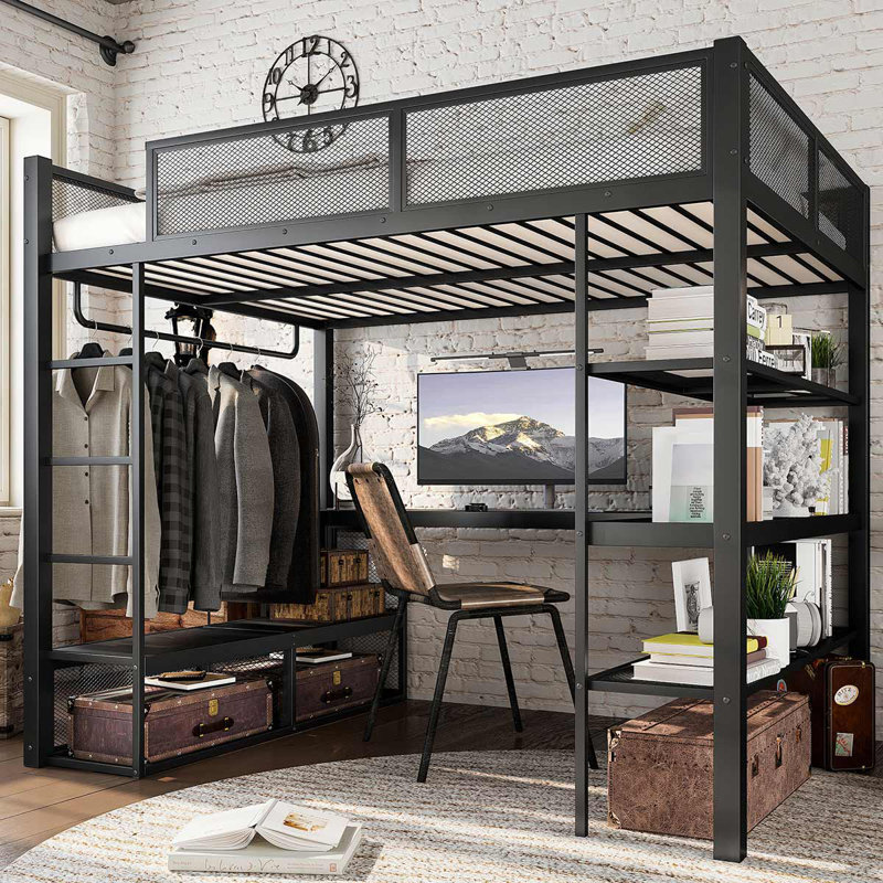 Grand lit mezzanine en métal avec tringle à vêtements et bureau avec tablettes de rangement, noir