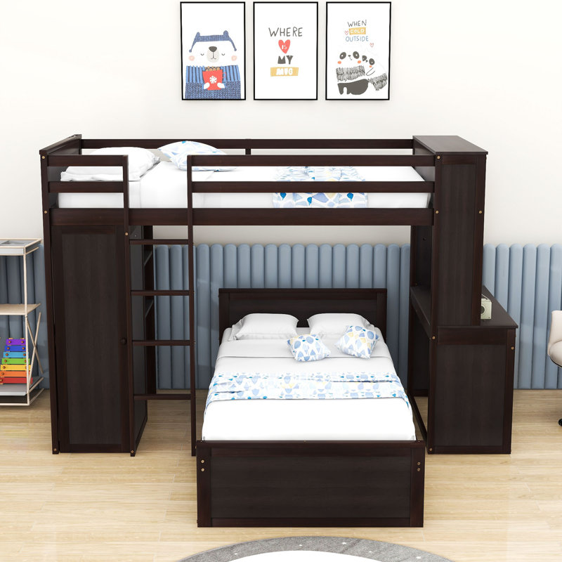 Curt Kids Twin Over Twin 2 Drawers Wood Bunk Bed with Built-in-Desk and Shelves, Espresso