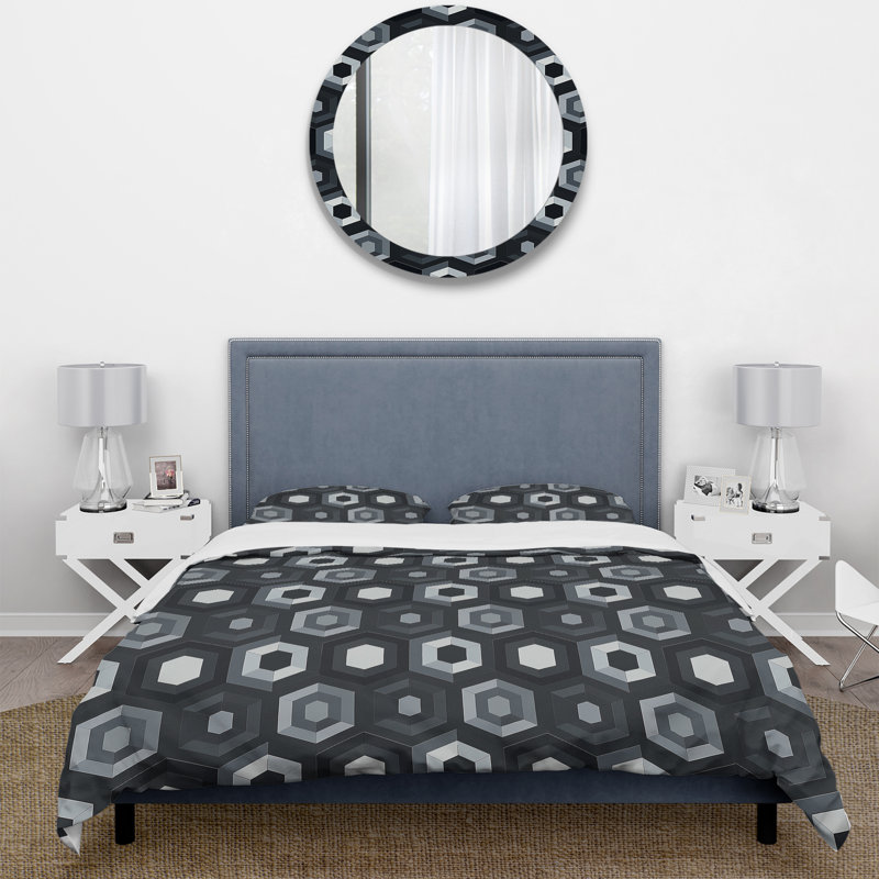 Ensemble de housse de couette noir et blanc Hexagon III - Mid-Century, Housse de couette très grand + 2 taies décorativ