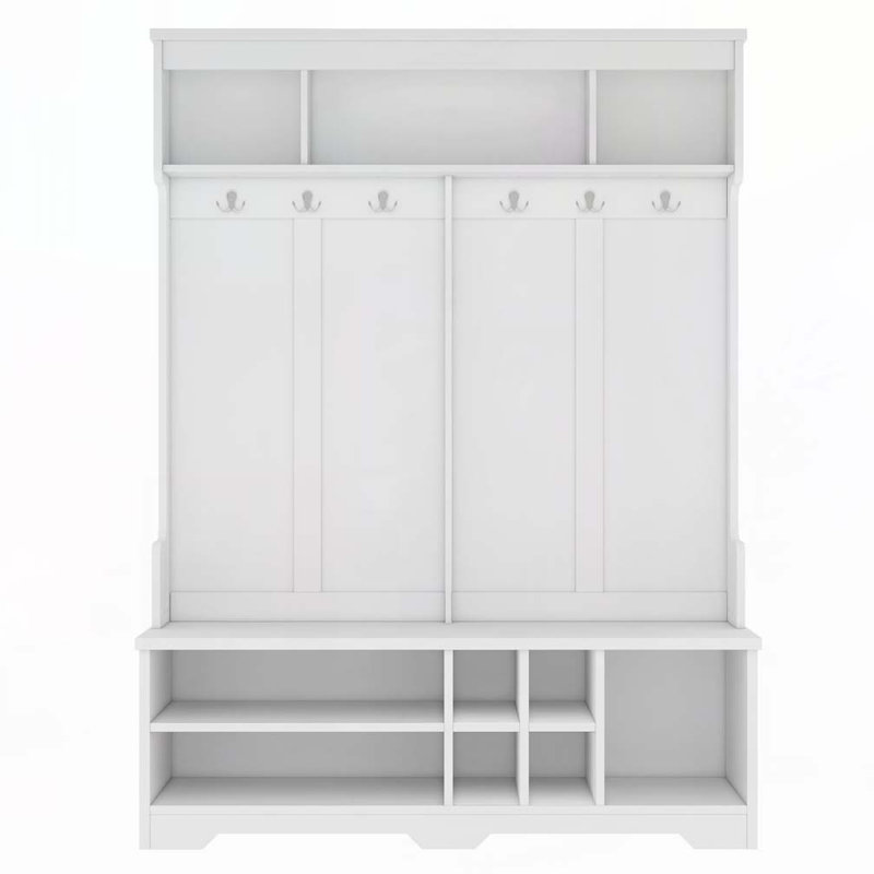 Hallway Hall Tree with Metal Hooks and Storage Space, White