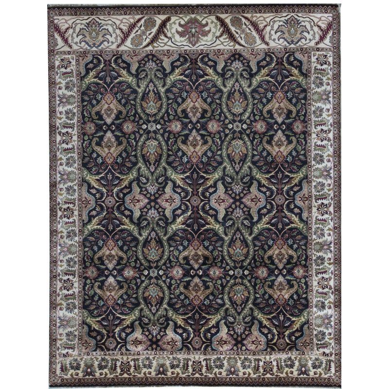 Tapis noir et ivoire de haute qualité noué à la main