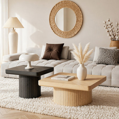 Modern Wood Nesting Coffee Table Set, 2-Piece Coffee Table with Cylindrical & Fluted Pedestal, Minimalist Center Table & Side Table, Versatile Nesting