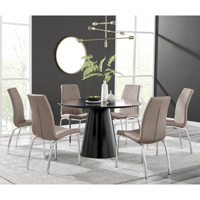 Edward Statement Pedestal Dining Table Set with 6 Luxury Faux Leather Upholstered Dining Chairs -  East Urban Home, 39FAAB0BAE7249589F303419A6EDA97A