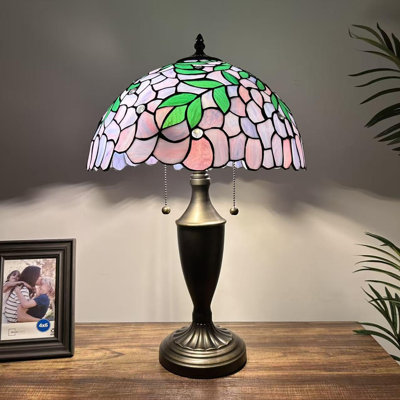 Tiffany Table Lamp Purple Stained Glass Green Leaves LED Bulb Included for Living Room Bedroom Bedside 14"W*14"D*21"H