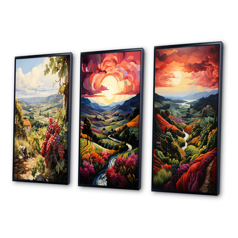 «Vineyard Twilight Bliss», 3 pièces sur toile, Cadre noir, H 28 po x l 36 po