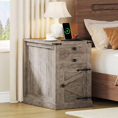 Table d'appoint étroite de style campagnard à 2 tiroirs avec station de recharge, table de chevet avec rangement pour salon ou chambre