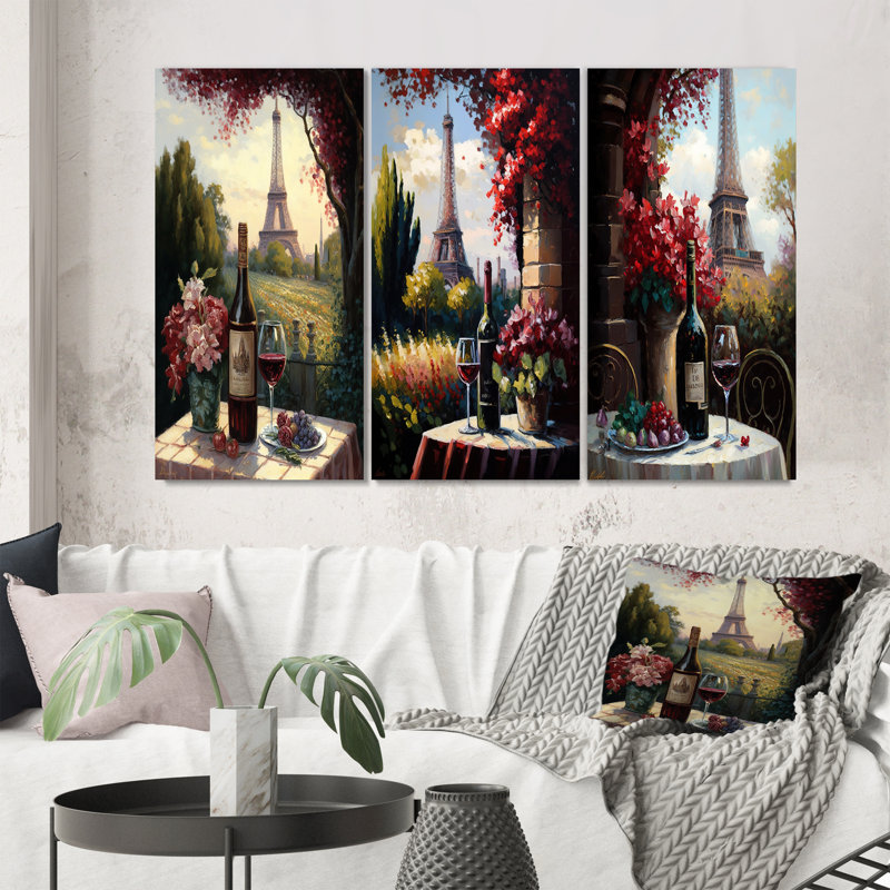 «Savouring Red Wine By The Paris Eiffel Tower», 3 pièces, Toile tendue, H 40 po x l 60 po