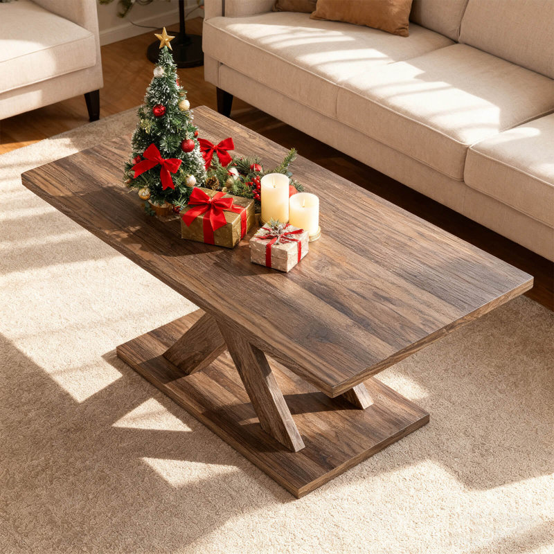 Table basse de 37,5 po avec base stable et raccordement en bois d'hévéa pour le salon