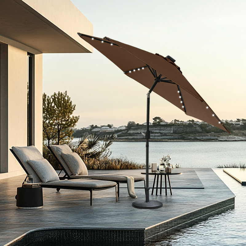 2.5M Round Garden Parasol Solar LED Lights Umbrella Tilt Crank with Base, Coffee
