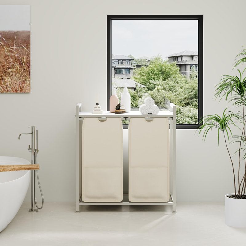 Panier à linge à 2 sections avec tablette, sacs amovibles 48 L, trieur à 2 compartiments, blanc, 26,77 po x 13 po x 28,35 po