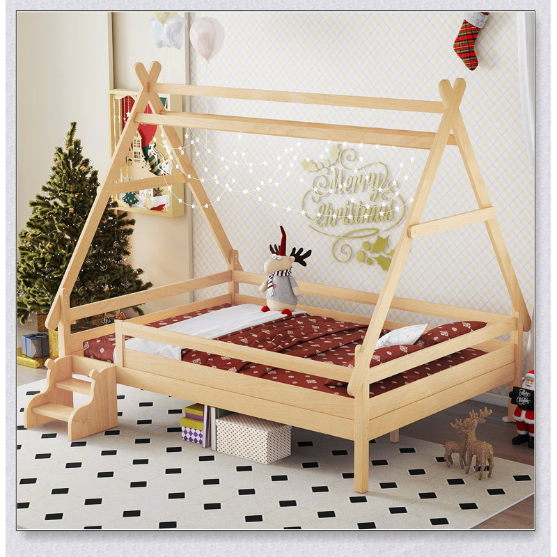 Lit plateforme House avec escalier, structure en bois massif, profil bas et conception amusante pour les chambres d'enfants