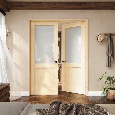 56" X 80" Half-Lite Pine Wood & Frosted Glass French Door With Black Latches, Privacy Glass Door Slab With Frame, French Interior Door As Pantry Door, Bedroom Door, Laundry Door, Closet Doors, Room Doors, Latch & Door Lever Included