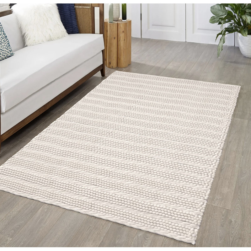 Tapis naturel ivoire en laine tissé à la main à grosses perles crème, Rectangulaire 8 pi x 10 pi