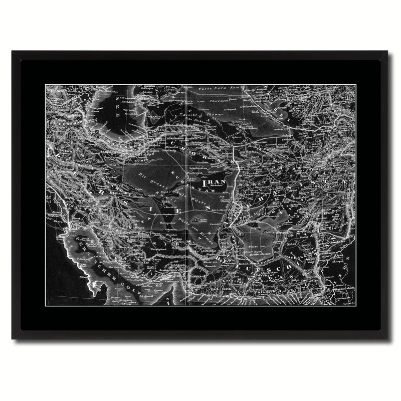 Impression de carte monochrome sur toile avec cadre noir, l'Iran, l'Afghanistan, 28 x 37