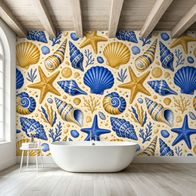 Peel and Stick Wallpaper Wall Mural Seashell Starfish Spiral Shells Blue Beige Coastal Style Wall Art Self Adhesive and Removable