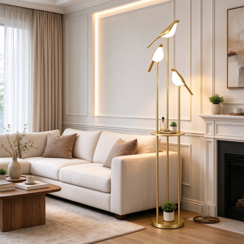 Lampe sur pied ferme en métal doré avec tablette pour salon et bureau Farmhouse