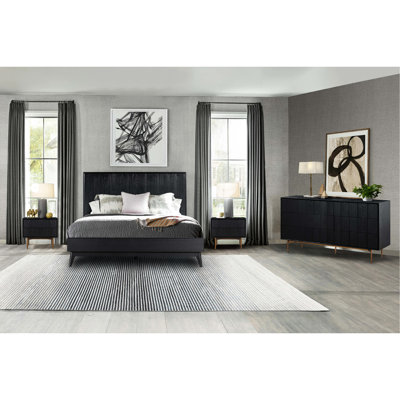 Black Brushed Oak And Bronze Nightstand With 2 Drawers, Modern Practical Design, Ample Storage, Simple Cleaning, 21" H X 17" W 24" L Drawer In Bronze, Classic Functional Hassle - Up,