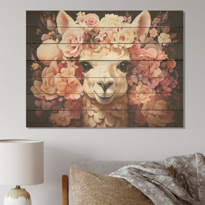 Couronne de fleurs roses - Alpaga sur bois