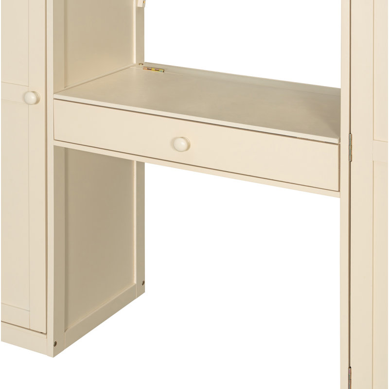 Full Size Loft Bed with Storage Staircase,Built-In Dressing Table with Mirror and Drawer, Wardrobe & Cabinets, USB Charging Ports and Lights, Beige