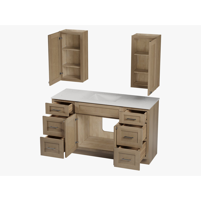 Meuble-lavabo simple 60 po avec comptoir en quartz de Carrare, armoire murale, Chêne naturel